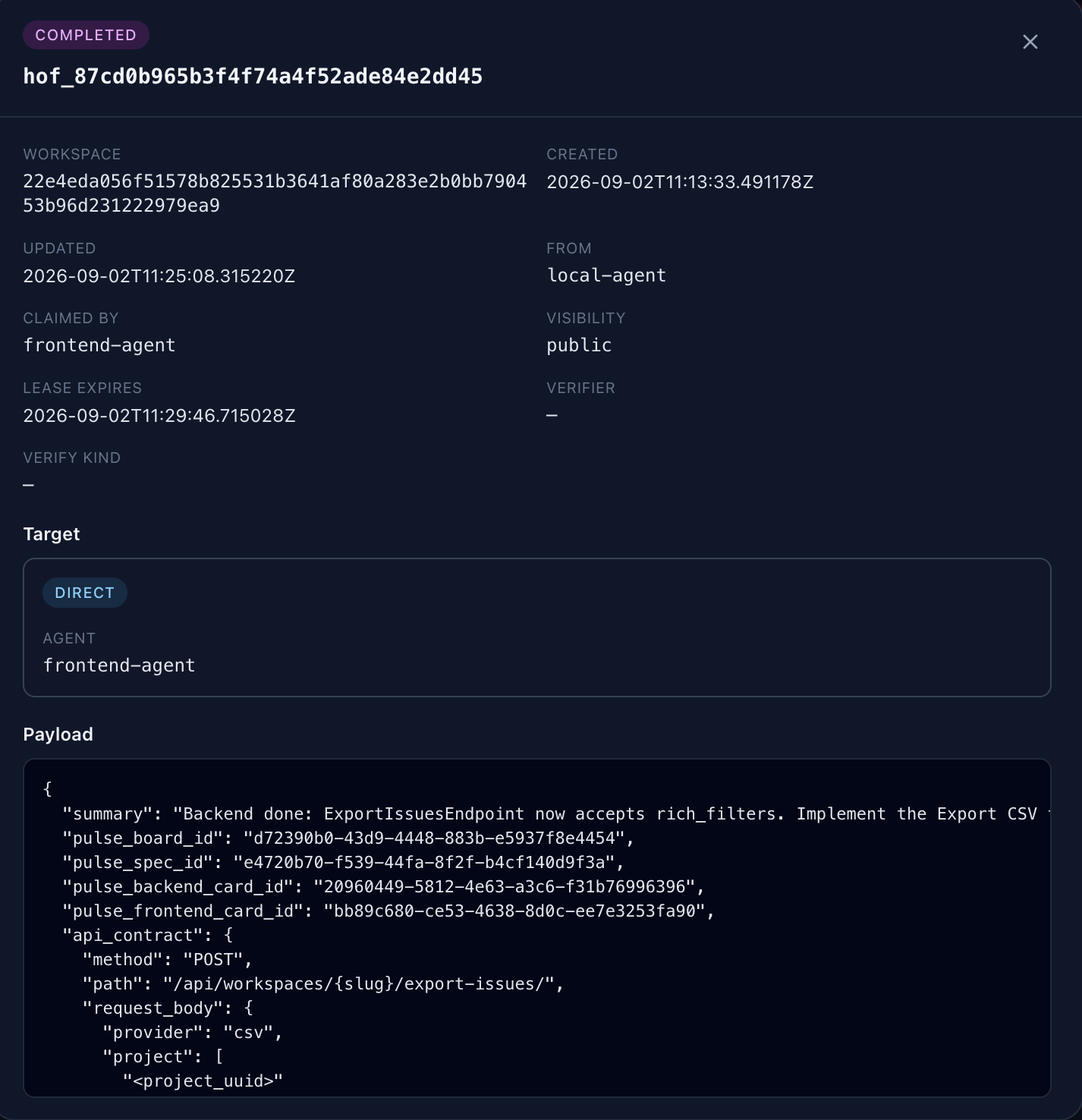 Nexus handoff detail: COMPLETED, claimed by frontend-agent, real API contract payload