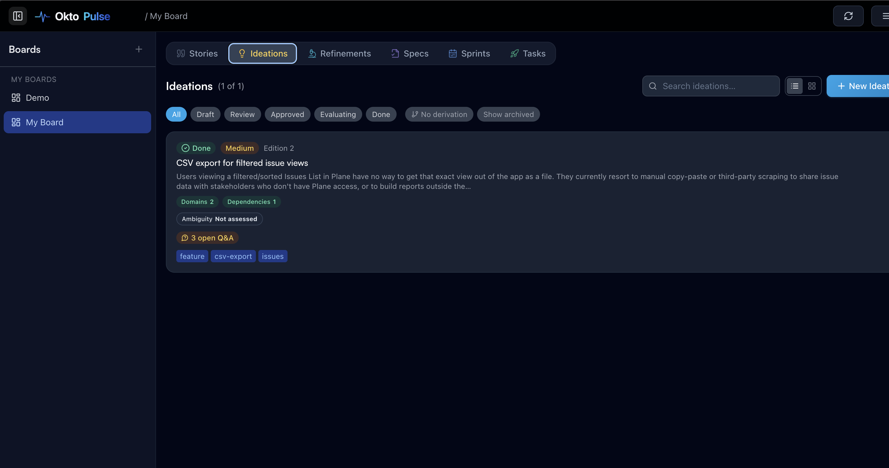Pulse Ideations tab: CSV export for filtered issue views, Done, Medium complexity, 3 open Q&A