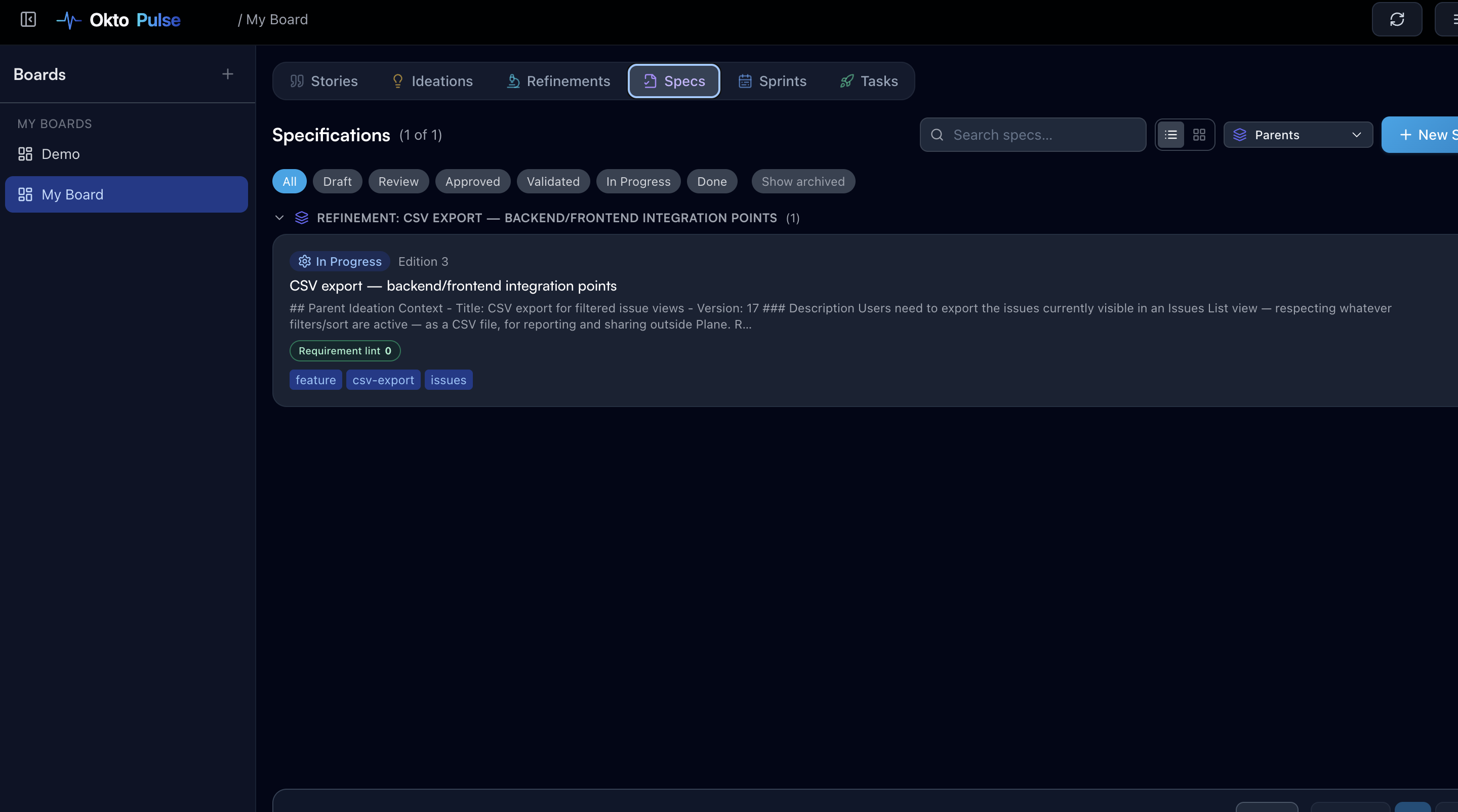 Pulse Specs tab: CSV export, backend/frontend integration points, In Progress, Edition 3, Requirement lint 0